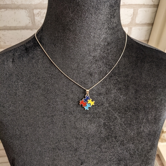 Autism Puzzle Piece Charm Necklace! Autism Awareness Pretty Silver Chain - Picture 8 of 12